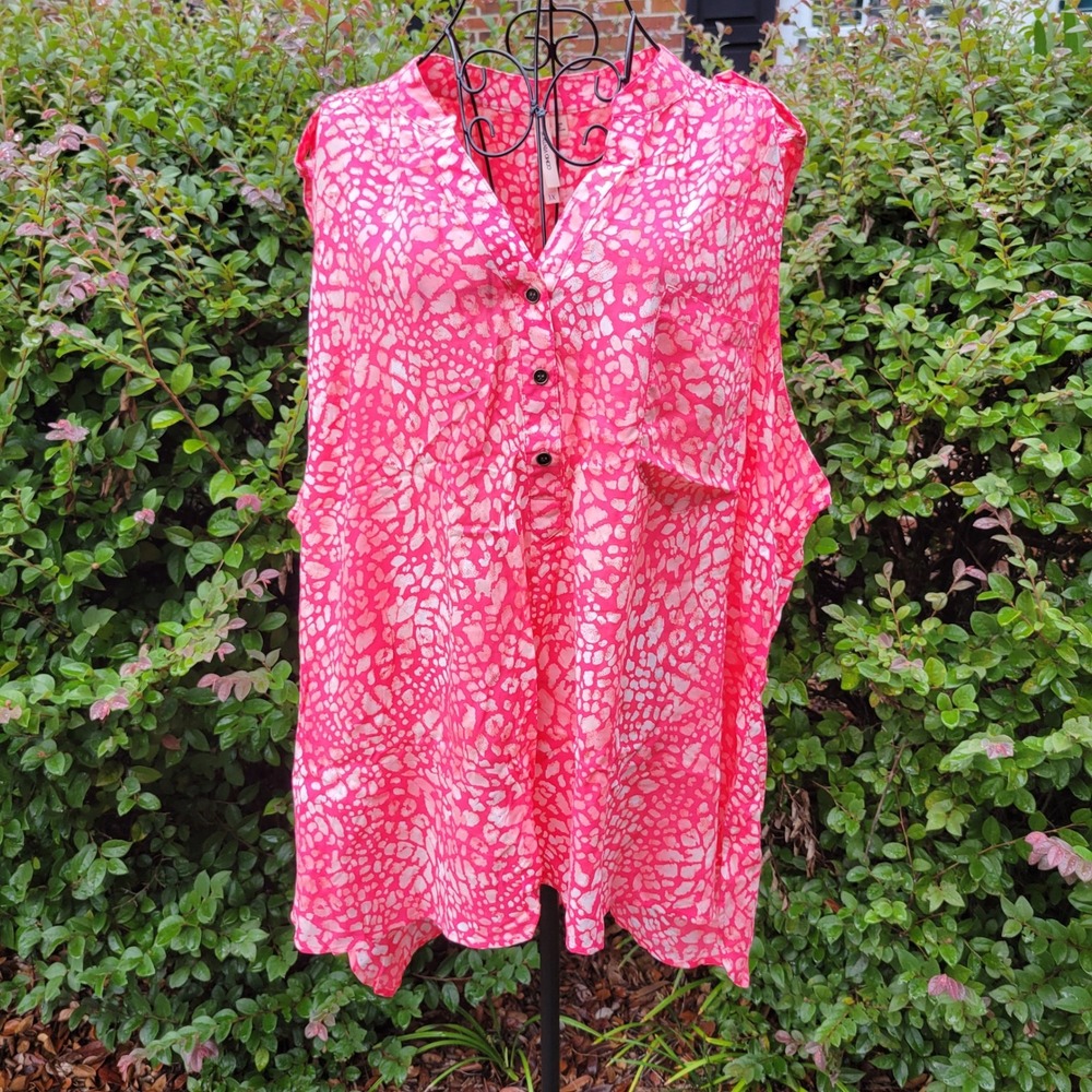 Como Vintage 3X Blouse Pink White Animal Print Boho V Neck Top Summer Cruise